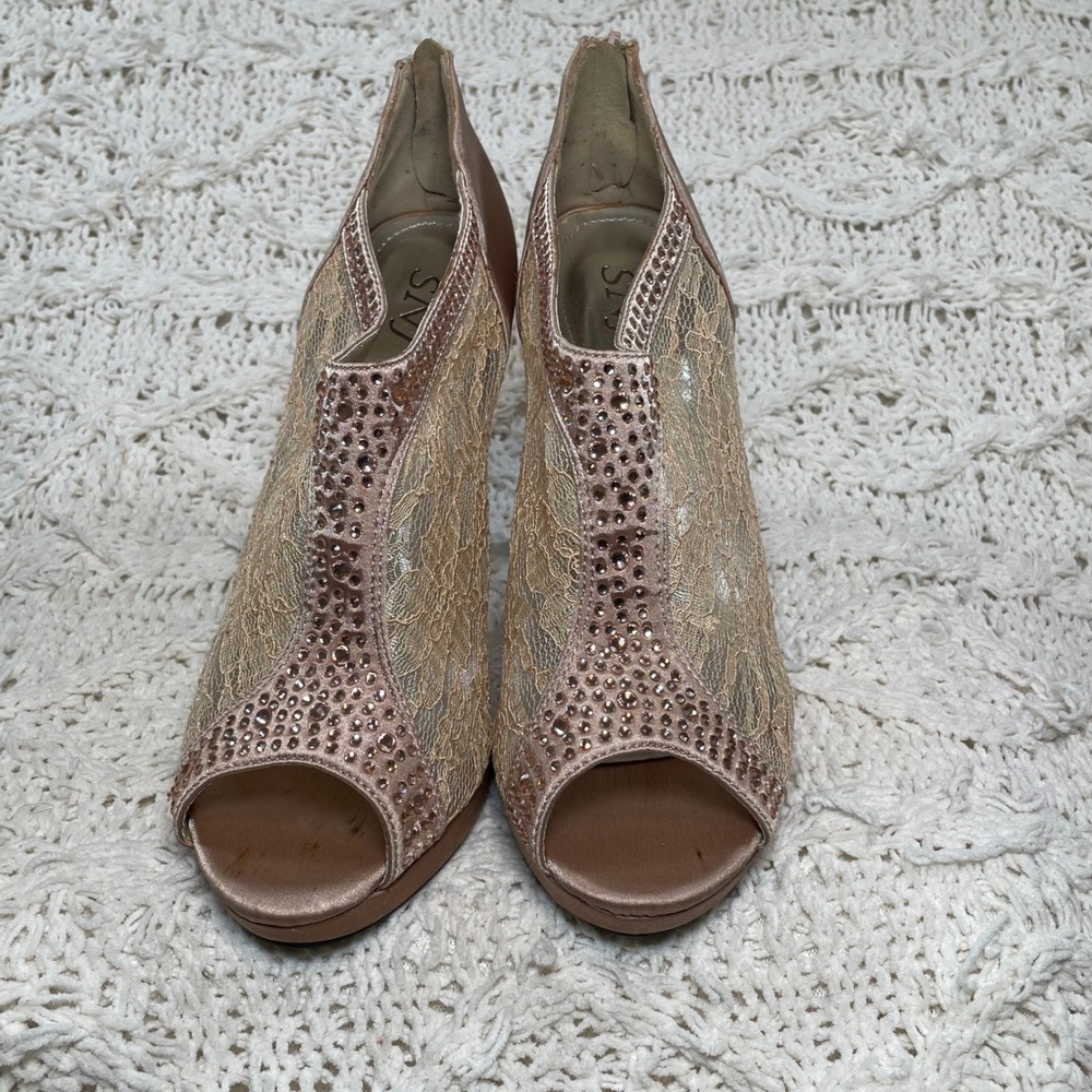 SNJ Yael-6 Rose Gold Lace Rhinestone Peep Toe Platform Bootie‎ Heels Size 10 - Picture 6 of 11